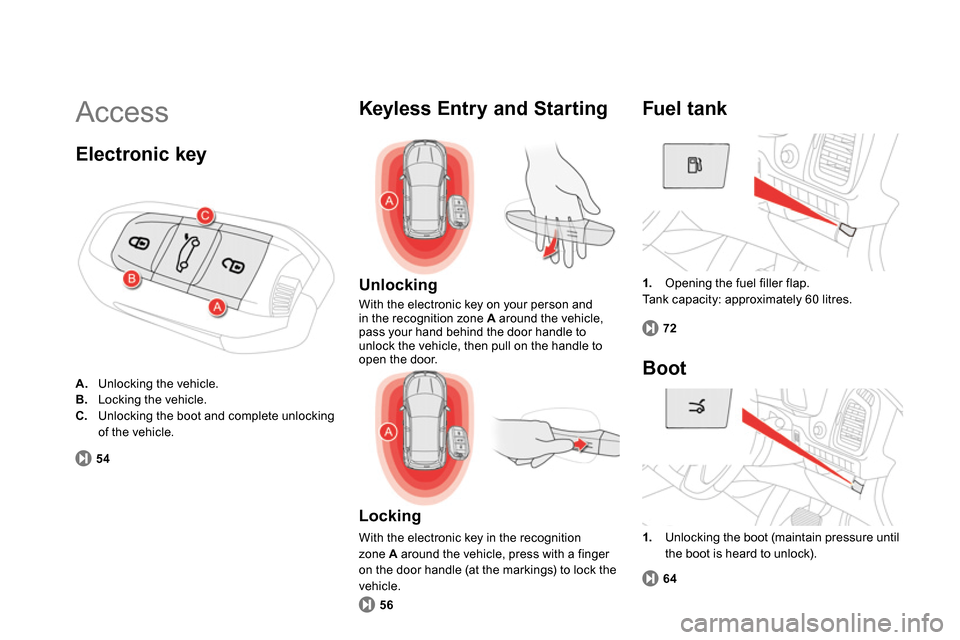 Citroen DS5 2013.5 1.G User Guide 72
54
64
56
Access
1.
Opening the fuel filler flap.
Tank capacity: approximately 60 litres.
Fuel tank
Unlocking
With the electronic key on your person and
in the recogni Citroen DS5 2013.5 1.G User Guide 72
54
64
56
Access
1.
Opening the fuel filler flap.
Tank capacity: approximately 60 litres.
Fuel tank
Unlocking
With the electronic key on your person and
in the recogni