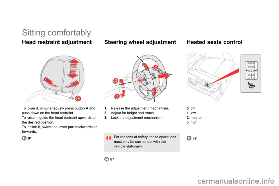 Citroen DS5 2013.5 1.G Owners Manual 81
8782
  Sitting comfortably 
 
 
Head restraint adjustment 
 
 
 
1. 
  Release the adjustment mechanism. 
   
2. 
  Adjust for height and reach. 
   
3. 
  Lock the adjustment mechanism.  
 
 
Stee