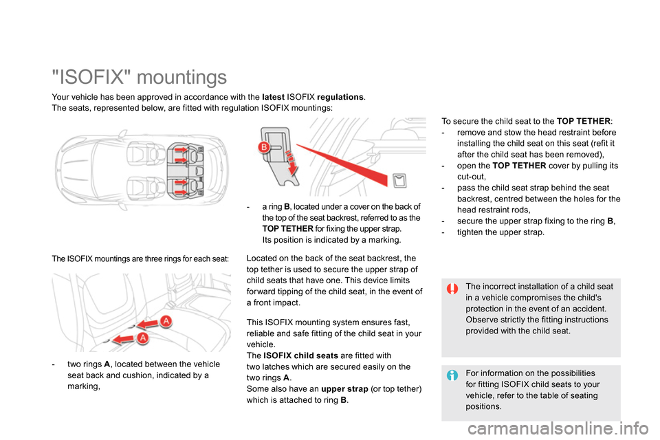 Citroen DS5 2013.5 1.G Owners Manual
Your vehicle has been approved in accordance with the latest ISOFIX regulations
.
The seats, represented below, are fitted with regulation ISOFIX mountings:
"ISOFIX" Citroen DS5 2013.5 1.G Owners Manual
Your vehicle has been approved in accordance with the latest ISOFIX regulations
.
The seats, represented below, are fitted with regulation ISOFIX mountings:
"ISOFIX"