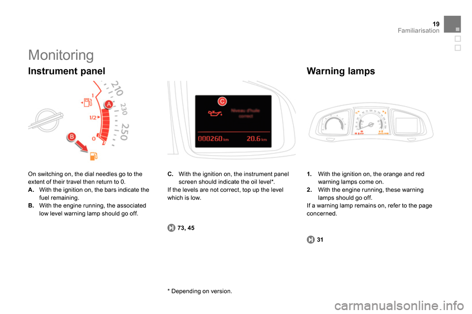 Citroen DS5 2013.5 1.G Owners Manual 31 73, 45
19Familiarisation
   
 
1. 
  With the ignition on, the orange and red 
warning lamps come on. 
   
2. 
  With the engine running, these warning 
lamps should go off.  
  If a warning lamp r