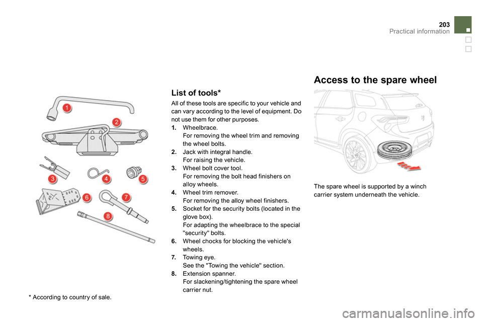 Citroen DS5 2013.5 1.G Owners Manual 203Practical information
List of tools *
Access to the spare wheel
The spare wheel is supported by a winch
carrier system underneath the vehicle.
All of these tools are specif Citroen DS5 2013.5 1.G Owners Manual 203Practical information
List of tools *
Access to the spare wheel
The spare wheel is supported by a winch
carrier system underneath the vehicle.
All of these tools are specif