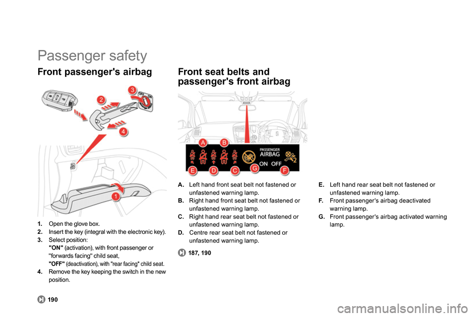 Citroen DS5 2013.5 1.G Owners Guide 190187, 190
A.
Left hand front seat belt not fastened or
unfastened warning lamp.
B.
Right hand front seat belt not fastened or
unfastened warning lamp.
C.
Right hand rear s Citroen DS5 2013.5 1.G Owners Guide 190187, 190
A.
Left hand front seat belt not fastened or
unfastened warning lamp.
B.
Right hand front seat belt not fastened or
unfastened warning lamp.
C.
Right hand rear s