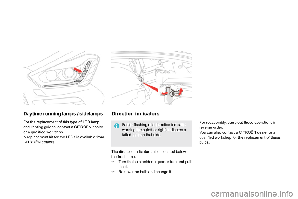 Citroen DS5 2013.5 1.G Owners Manual    
 
 
 
 
 
 
 
 
Daytime running lamps / sidelamps  
 
For the replacement of this type of LED lamp 
and lighting guides, contact a CITROËN dealer 
or a qualified workshop. 
  A replacement kit fo
