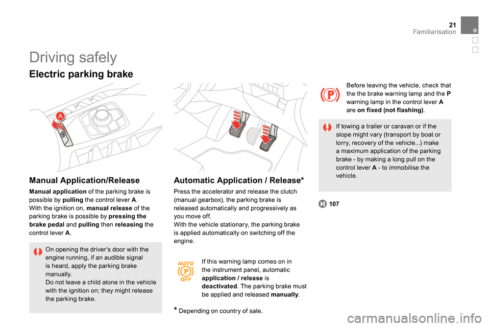 Citroen DS5 2013.5 1.G Owners Manual 107
21Familiarisation
   
If this warning lamp comes on in 
the instrument panel, automatic 
  application / release 
 is 
  deactivated 
. The parking brake must 
be applied and released  manually 
.