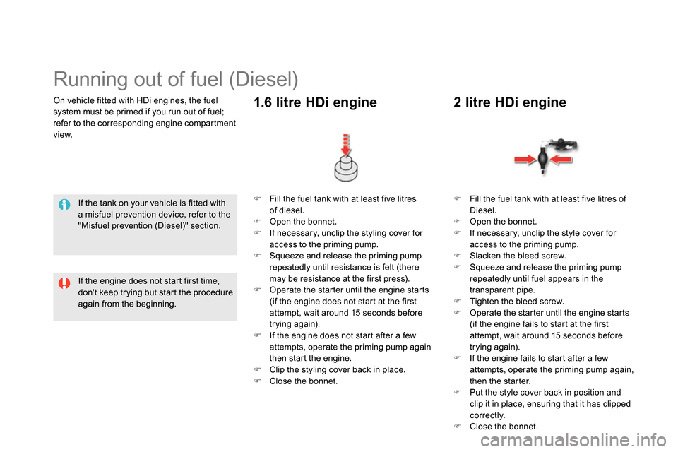 Citroen DS5 2013.5 1.G Owners Manual
On vehicle fitted with HDi engines, the fuel
system must be primed if you run out of fuel;
refer to the corresponding engine compartment
view.
Running out of fuel (Diese Citroen DS5 2013.5 1.G Owners Manual
On vehicle fitted with HDi engines, the fuel
system must be primed if you run out of fuel;
refer to the corresponding engine compartment
view.
Running out of fuel (Diese