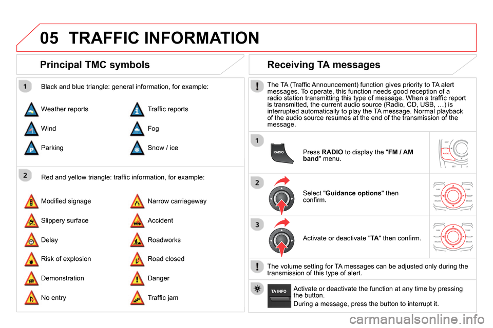Citroen DS5 2013.5 1.G Owners Manual 05 TRAFFIC INFORMATION
Principal TMC symbols
Red and yellow triangle: traffi c information, for example:
Black and blue triangle: general information, for example:
Weathe Citroen DS5 2013.5 1.G Owners Manual 05 TRAFFIC INFORMATION
Principal TMC symbols
Red and yellow triangle: traffi c information, for example:
Black and blue triangle: general information, for example:
Weathe