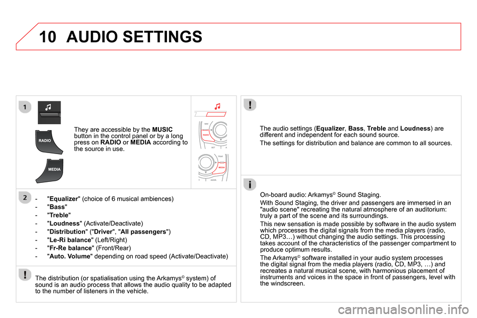 Citroen DS5 2013.5 1.G Owners Manual 10  AUDIO SETTINGS 
 
 
 
They are accessible by the  MUSIC 
 
button in the control panel or by a long 
press on  RADIO 
 or  MEDIA 
 according to 
the source in use.  
   
 
 
-  " Equalizer 
" (cho