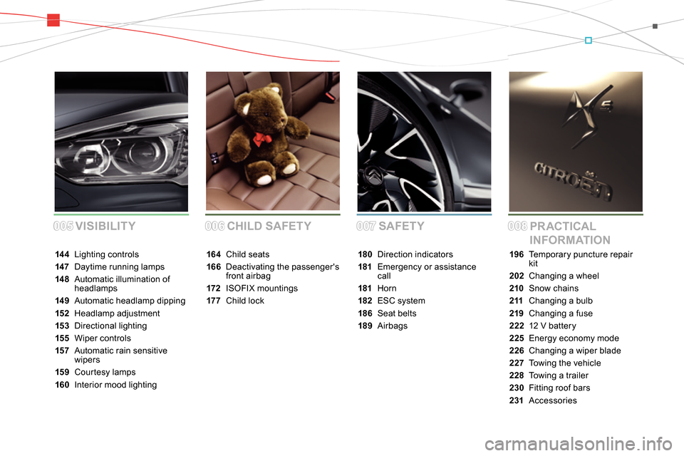 Citroen DS5 2013.5 1.G Owners Manual 005005006006007007008008SAFETY
PR ACTICAL 
INFORMATION CHILD SAFETY VISIBILITY
14 4 Lighting controls
147  Daytime running lamps
14 8  Automatic illumination of 
headlamps
14 9  Automatic headlamp dip