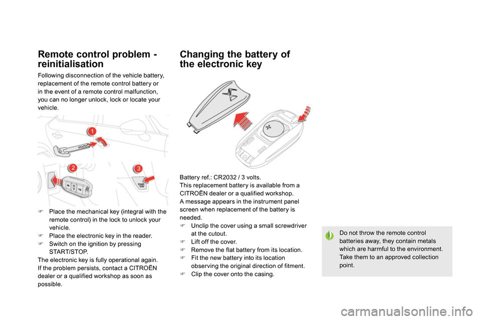 Citroen DS5 2013.5 1.G Repair Manual
Do not throw the remote control
batteries away, they contain metals
which are harmful to the environment.
Take them to an approved collection
point.
Citroen DS5 2013.5 1.G Repair Manual
Do not throw the remote control
batteries away, they contain metals
which are harmful to the environment.
Take them to an approved collection
point.