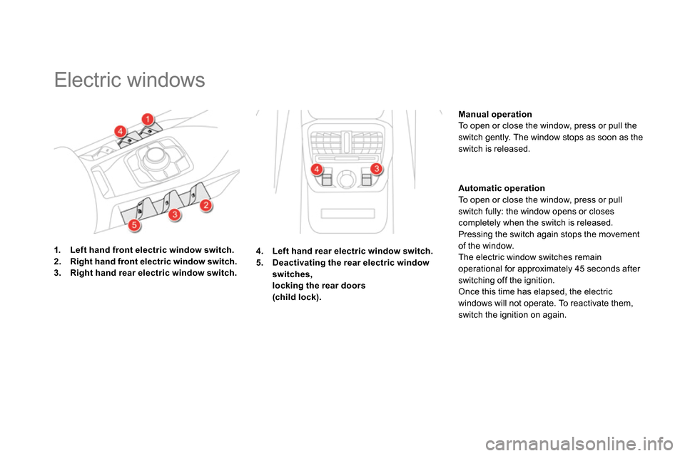 Citroen DS5 2013.5 1.G Owners Manual    
 
 
 
 
Electric windows 
 
 
 
1. 
  Left hand front electric window switch. 
 
   
2. 
  Right hand front electric window switch.   
   
3. 
  Right hand rear electric window switch. 
    
Manua