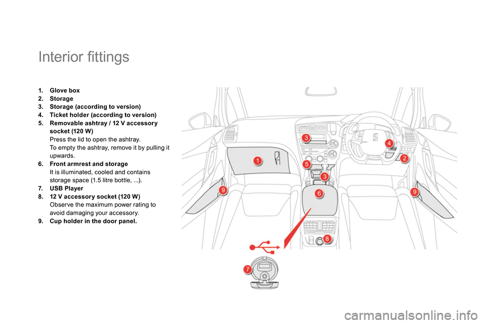 Citroen DS5 2013.5 1.G Manual Online
Interior fi ttings
1.
Glove box
2.
Storage
3.
Storage (according to version)
4.
Ticket holder (according to version) Citroen DS5 2013.5 1.G Manual Online
Interior fi ttings
1.
Glove box
2.
Storage
3.
Storage (according to version)
4.
Ticket holder (according to version)
