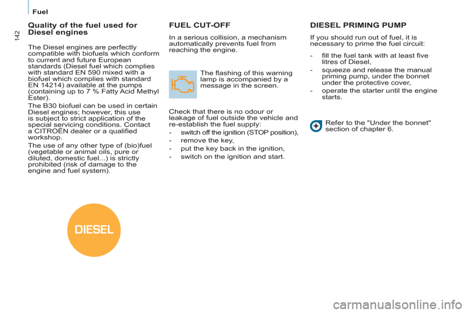 Citroen BERLINGO MULTISPACE RHD 2013 2.G Owners Manual DIESEL
142
   
 
Fuel  
 
FUEL CUT-OFF
 
In a serious collision, a mechanism 
automatically prevents fuel from 
reaching the engine. 
  The ﬂ ashing of this warning 
lamp is accompanied by a 
messag