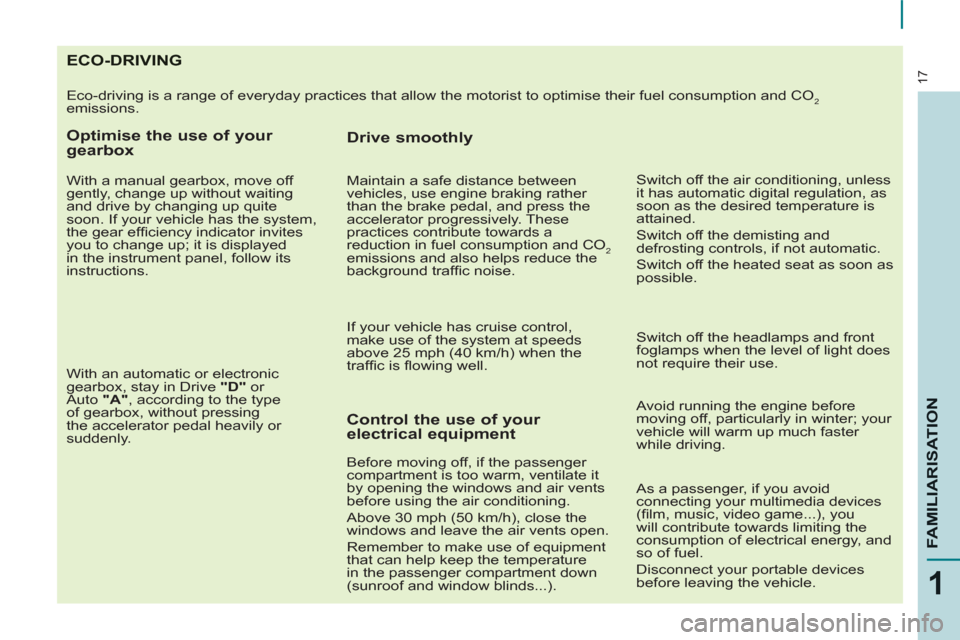 Citroen BERLINGO MULTISPACE RHD 2013 2.G Owners Manual 17
1
FAMILIARISATIO
N
ECO-DRIVING
  Eco-driving is a range of everyday practices that allow the motorist to optimise their fuel consumption and CO2 
emissions. 
   
Optimise the use of your 
gearbox 
