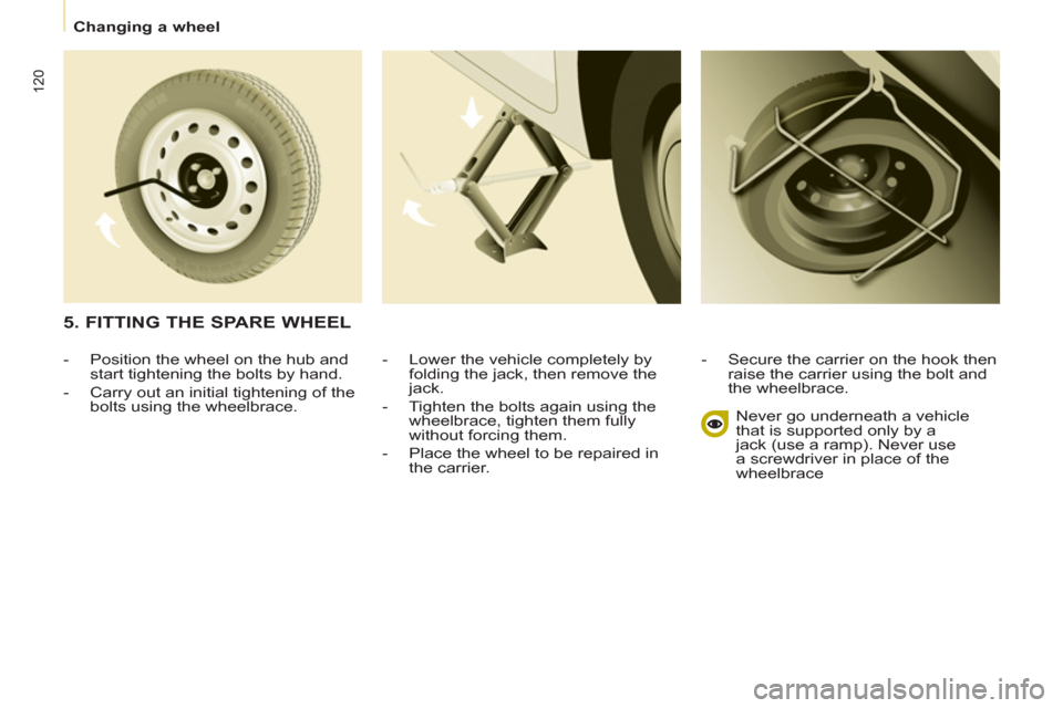 Citroen BERLINGO 2013 2.G Owners Manual    
 
Changing a wheel  
 
120
 
 
-   Lower the vehicle completely by 
folding the jack, then remove the 
jack. 
   
-   Tighten the bolts again using the 
wheelbrace, tighten them fully 
without for