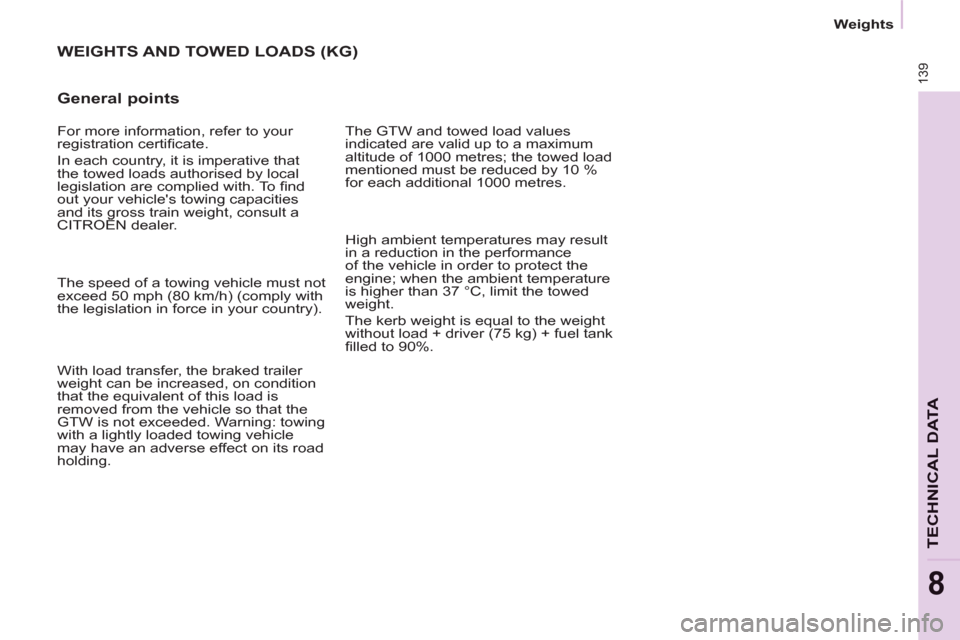 Citroen BERLINGO 2013 2.G Service Manual Weights
139
TECHNICAL DAT
A
8
  WEIGHTS AND TOWED LOADS (KG)
 
 
General points 
 
The GTW and towed load values 
indicated are valid up to a maximum 
altitude of 1000 metres; the towed load 
mentione