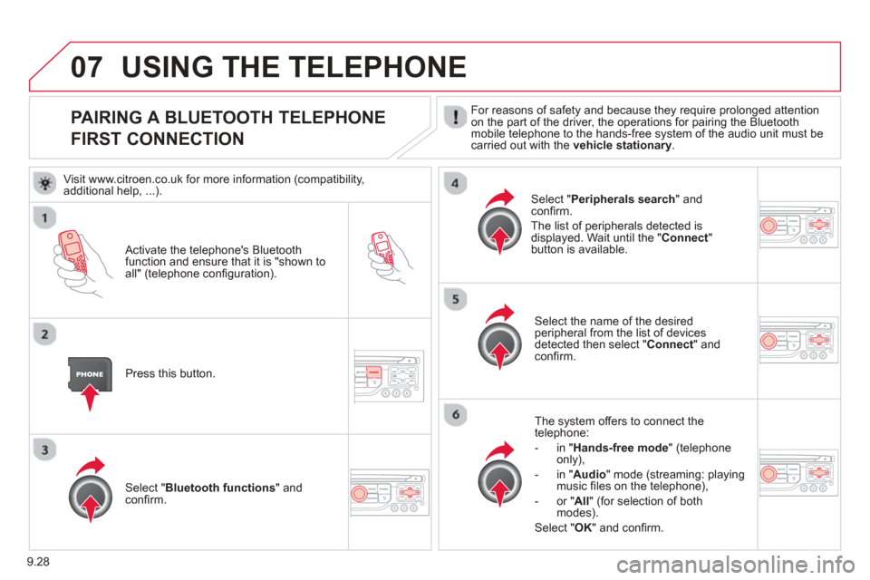 Citroen BERLINGO 2013 2.G Owners Manual 9.28
07
PAIRING A BLUETOOTH TELEPHONE
FIRST CONNECTION For reasons of safety and because they require prolonged attention
on the part of the driver, the operations for pairing the Bluetoothmobile tele