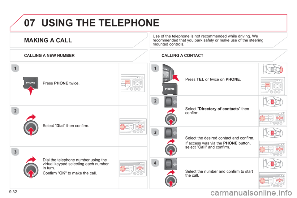 Citroen BERLINGO 2013 2.G Owners Manual 9.32
07USING THE TELEPHONE
Press  PHONEtwice.  
Select " Dial" then conﬁ rm.
Select " Directory of contacts" thenconﬁ rm.  
Dial the telephone number usin
g the 
virtual keypad selecting each numb