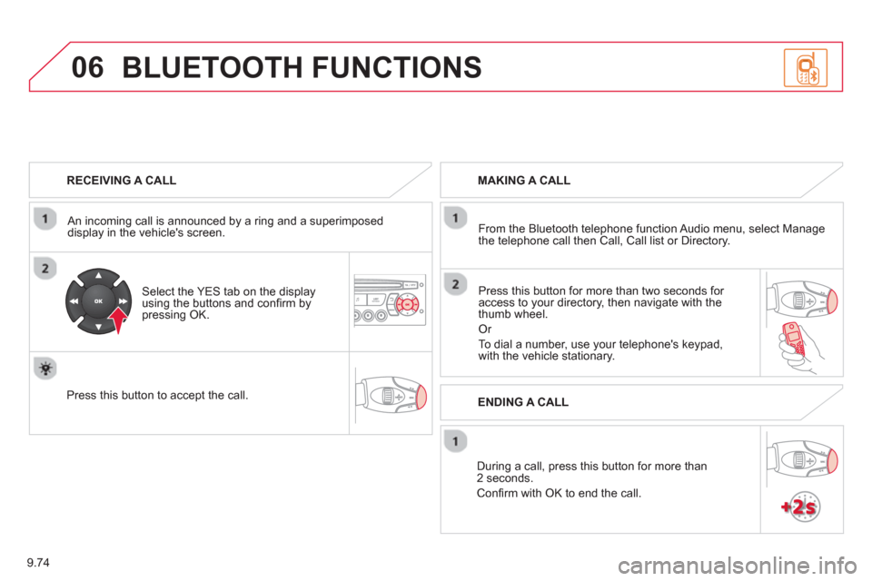 Citroen BERLINGO 2013 2.G Owners Manual 9.74
06
   
RECEIVING A CALL  
   
An incomin
g call is announced by a ring and a superimposed 
display in the vehicles screen.  
   
Select the YES tab on the display 
using the buttons and conﬁ r