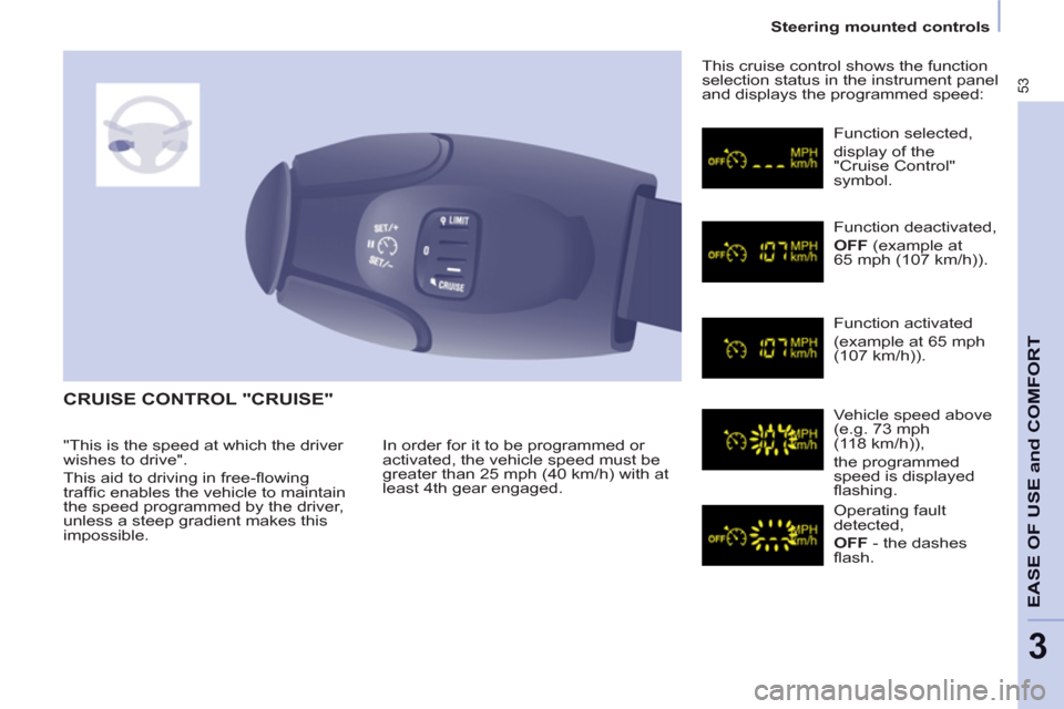 Citroen BERLINGO 2013 2.G Workshop Manual 53
   
 
Steering mounted controls  
 
EASE OF USE and COMFOR
T
3
 
CRUISE CONTROL "CRUISE" 
 
In order for it to be programmed or 
activated, the vehicle speed must be 
greater than 25 mph (40 km/h) 