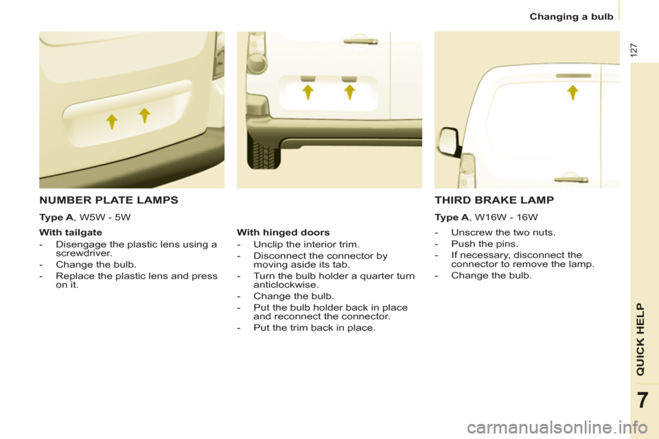 Citroen BERLINGO RHD 2013 2.G Owners Manual 127
QUICK HEL
P
7
Changing a bulb
NUMBER PLATE LAMPS
- Unscrew the two nuts.
- Push the pins.
- If necessary, disconnect the
connector to remove the lamp.
- Change t Citroen BERLINGO RHD 2013 2.G Owners Manual 127
QUICK HEL
P
7
Changing a bulb
NUMBER PLATE LAMPS
- Unscrew the two nuts.
- Push the pins.
- If necessary, disconnect the
connector to remove the lamp.
- Change t