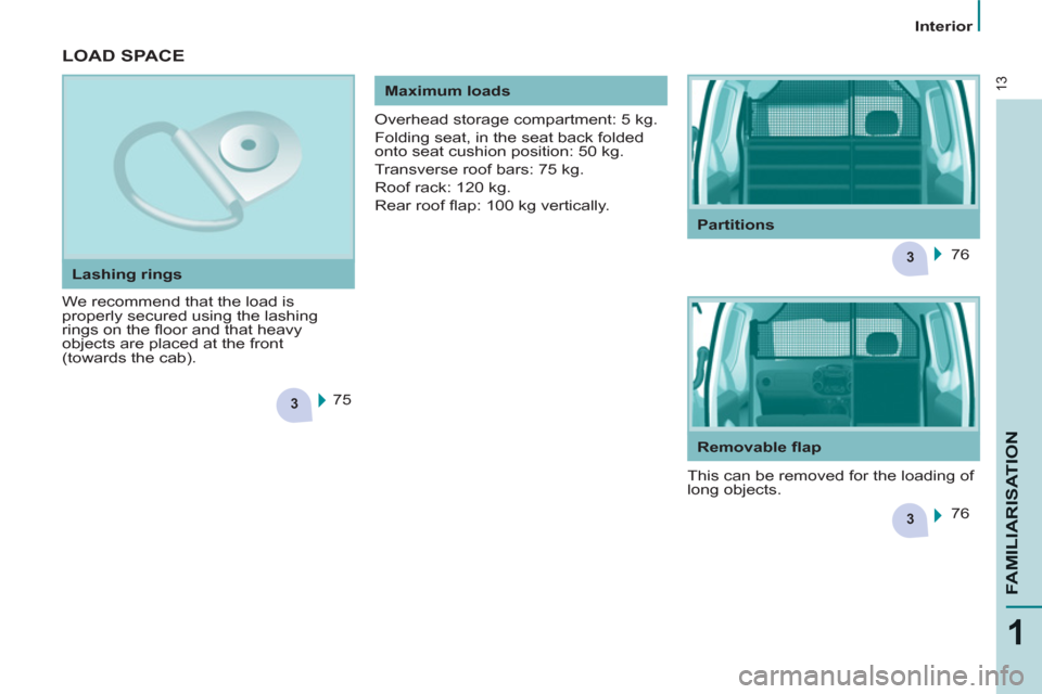 Citroen BERLINGO RHD 2013 2.G Owners Manual 3
3
3
13
1
FAMILIARISATIO
N
   
 
Interior  
 
 
LOAD SPACE
 
We recommend that the load is 
properly secured using the lashing 
rings on the ﬂ oor and that heavy 
objects are placed at the front 
(