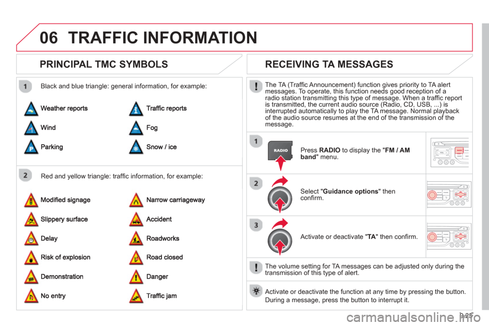 Citroen BERLINGO RHD 2013 2.G Owners Manual 9.25
06TRAFFIC INFORMATION
PRINCIPAL TMC SYMBOLS 
  Red and yellow triangle: trafﬁ c information, for example: 
  Black and blue trian
gle: general information, for example: 
      
RECEIVING TA MES