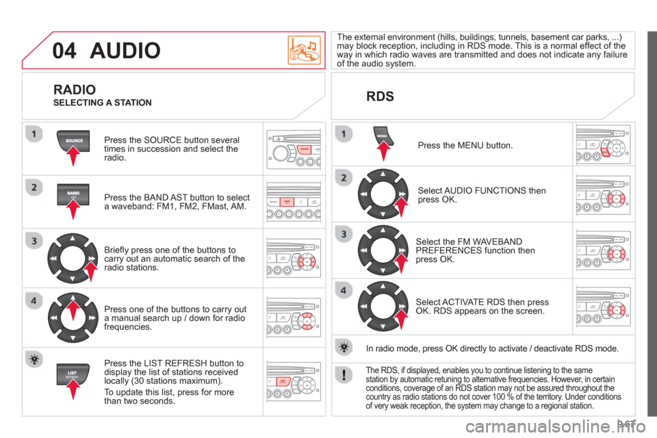 Citroen BERLINGO RHD 2013 2.G Owners Manual 9.67
04  AUDIO 
 
Press the SOURCE button several 
times in succession and select theradio.  
   
Press the BAND A
ST button to select 
a waveband: FM1, FM2, FMast, AM.  
   
Brieﬂ 
y press one of t