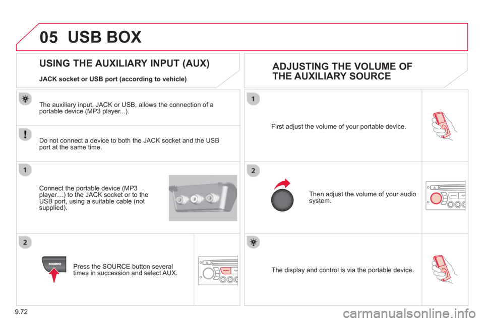 Citroen BERLINGO RHD 2013 2.G Owners Manual 9.72
05
The display and control is via the portable device. First ad
just the volume of your portable device.
Then ad
just the volume of your audio system.
USING THE AUXILIARY INPUT (AUX)
ADJ Citroen BERLINGO RHD 2013 2.G Owners Manual 9.72
05
The display and control is via the portable device. First ad
just the volume of your portable device.
Then ad
just the volume of your audio system.
USING THE AUXILIARY INPUT (AUX)
ADJ