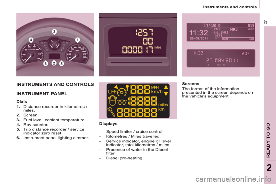 Citroen BERLINGO RHD 2013 2.G Owners Manual    
 
Instruments and controls  
 
27
READY TO GO
22
 
INSTRUMENTS AND CONTROLS  
  INSTRUMENT PANEL  
 
 
 
Dials 
   
 
1. 
  Distance recorder in kilometres / 
miles. 
   
2. 
 Screen. 
   
3. 
  F