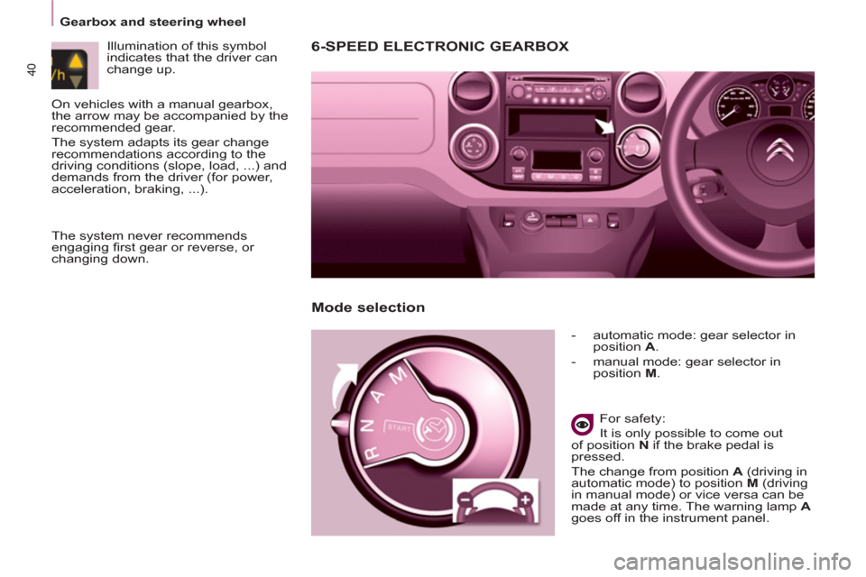 Citroen BERLINGO RHD 2013 2.G Service Manual 40
   
 
Gearbox and steering wheel  
 
6-SPEED ELECTRONIC GEARBOX 
 
 
 
-   automatic mode: gear selector in 
position  A 
. 
   
-   manual mode: gear selector in 
position  M 
.  
 
   
For safety