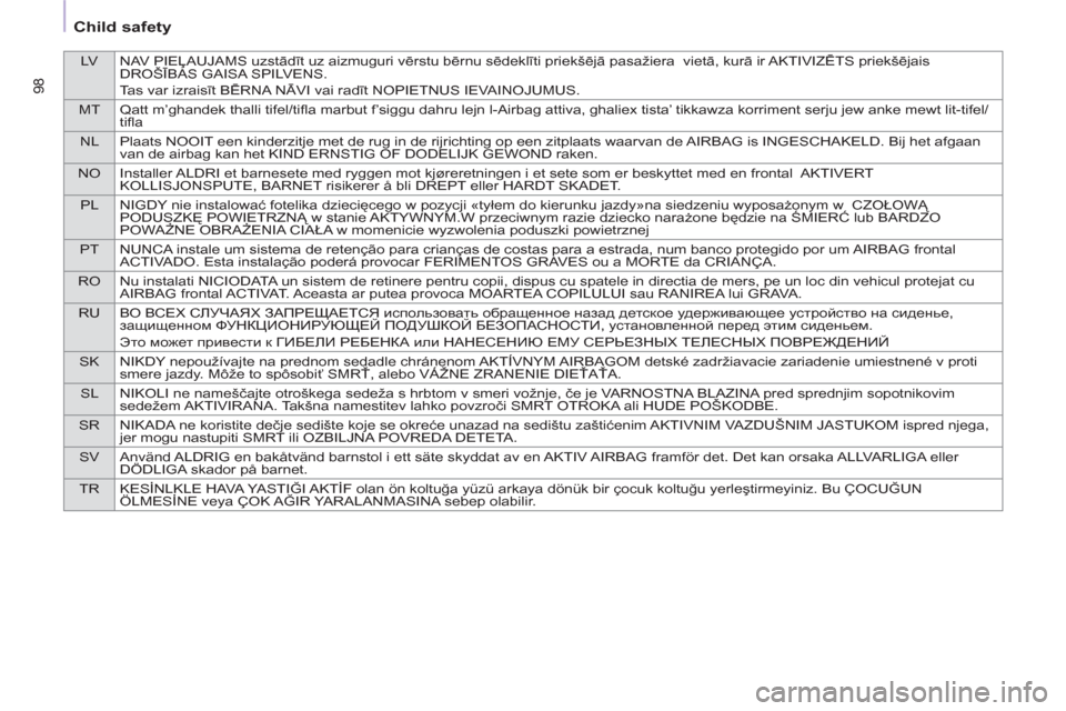 Citroen BERLINGO RHD 2013 2.G Owners Manual LV NAV PIEĻAUJAMS uzstādīt uz aizmuguri vērstu bērnu sēdeklīti priekšējā pasažiera vietā, kurā ir AKTIVIZĒTS priekšējais
DROŠĪBAS GAISA SPILVENS.
Tas var izraisīt BĒRNA NĀVI vai Citroen BERLINGO RHD 2013 2.G Owners Manual LV NAV PIEĻAUJAMS uzstādīt uz aizmuguri vērstu bērnu sēdeklīti priekšējā pasažiera vietā, kurā ir AKTIVIZĒTS priekšējais
DROŠĪBAS GAISA SPILVENS.
Tas var izraisīt BĒRNA NĀVI vai