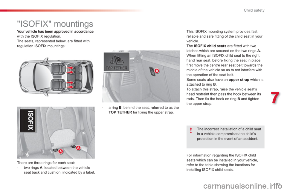 Citroen C3 2013 2.G Owners Manual 7
Child safety
101
with the ISOFIX regulation. 
  The seats, represented below, are fitted with 
re
gulation ISOFIX mountings:
  There are three rin
gs for each seat:
   
 
-  two rings  A 
, located 