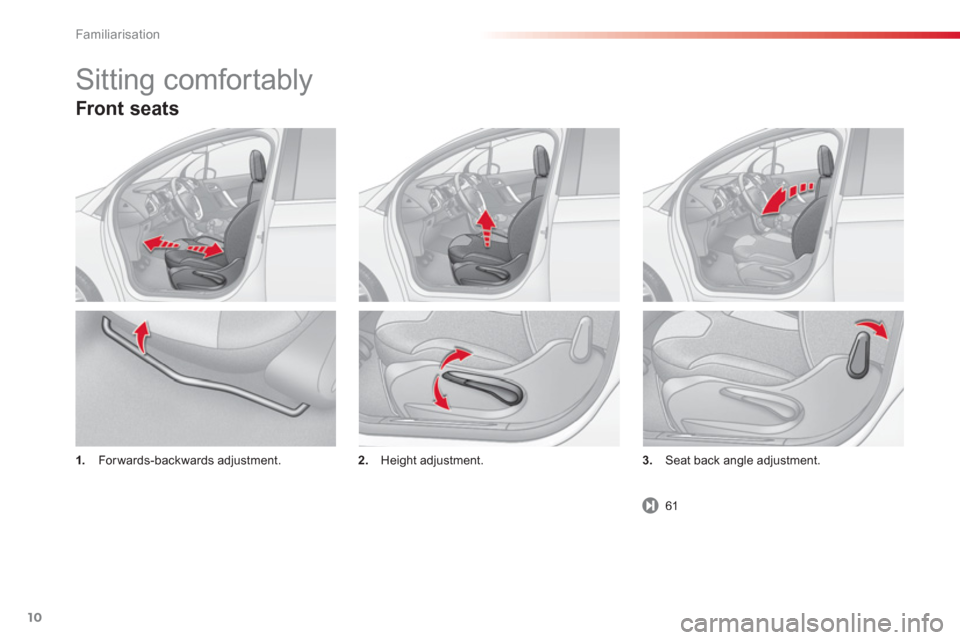 Citroen C3 2013 2.G Owners Manual Familiarisation
10
Front seats 
1.     Forwards-backwards adjustment. 2.  Height adjustment. 3.  Seat back angle adjustment.
 
Sitting comfortably 
61 