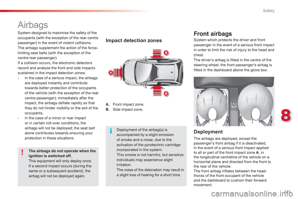 Citroen C3 2013 2.G Owners Manual 8
Safety
111
  Airbags 
Impact detection zones 
A. 
  Front impact zone.
B.    Side impact zone.  
Front airbags 
 
 Deployment 
 
The airbags are deployed, except the
passengers front airbag if it i