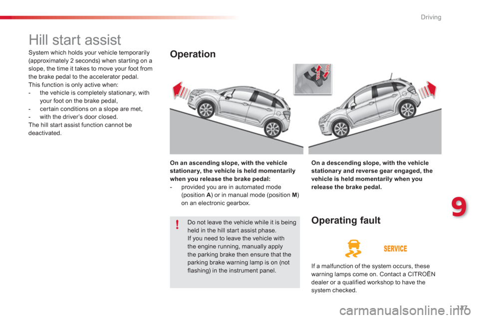 Citroen C3 2013 2.G Owners Manual 9
Driving
127
   
 
 
 
 
Hill start assist 
 
System which holds your vehicle temporarily (approximately 2 seconds) when star ting on a slope, the time it takes to move your foot from 
the brake peda