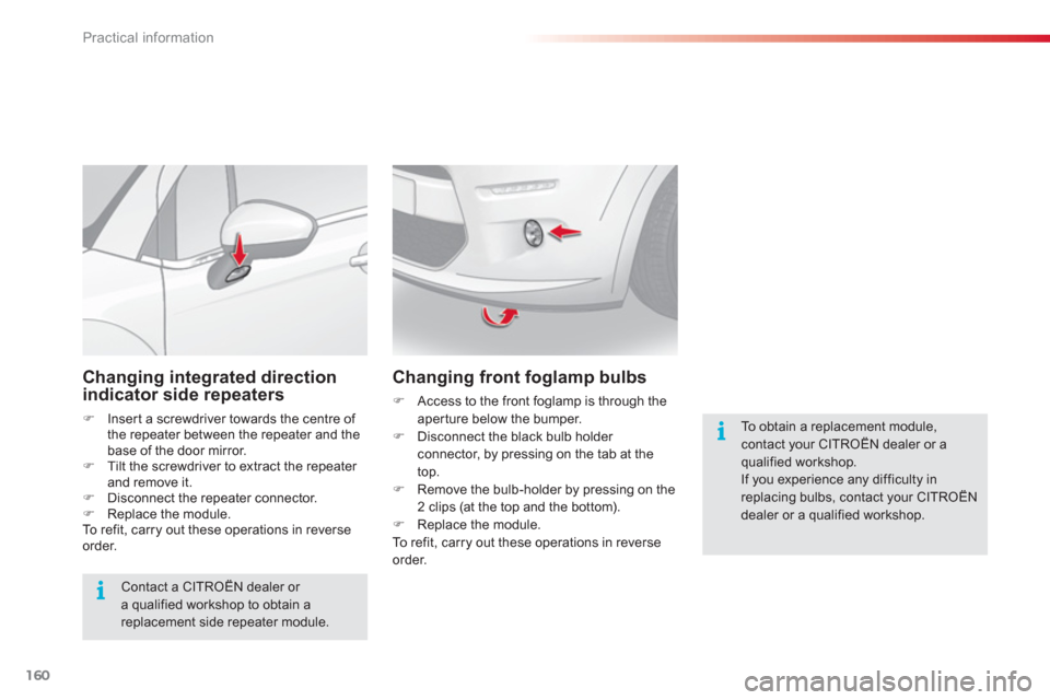 Citroen C3 2013 2.G Owners Manual Practical information
160
Changing integrated directionindicator side repeaters 
�)Insert a screwdriver towards the centre of 
the repeater between the repeater and the base of the door mirror.�)Tilt 