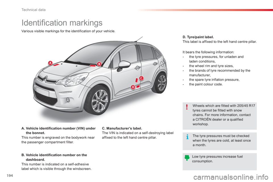 Citroen C3 2013 2.G Owners Manual Technical data
194
Identifi cation markings
B. Vehicle identification number on the dashboard.This number is indicated on a self-adhesive label which is visible Citroen C3 2013 2.G Owners Manual Technical data
194
Identifi cation markings
B. Vehicle identification number on the dashboard.This number is indicated on a self-adhesive label which is visible