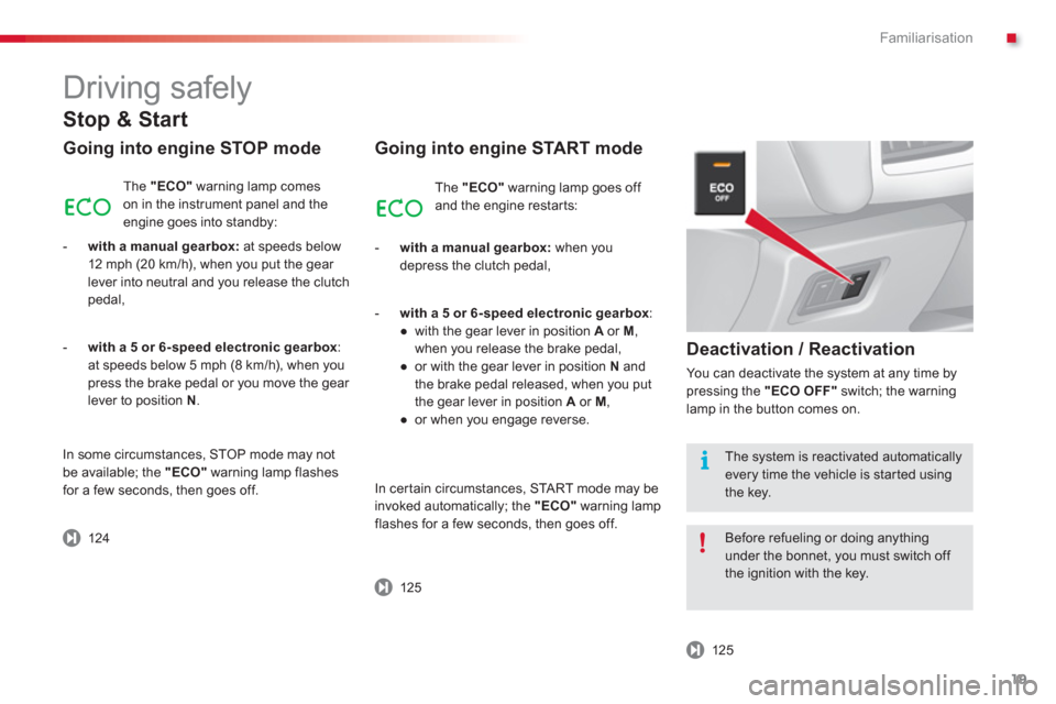 Citroen C3 2013 2.G Owners Guide .Familiarisation
19
   
Stop & Start
 
 
Going into engine STOP mode 
The "ECO"warning lamp comes
on in the instrument panel and the
engine goes into standby: 
-with a manual gearbox: 
 at speeds belo