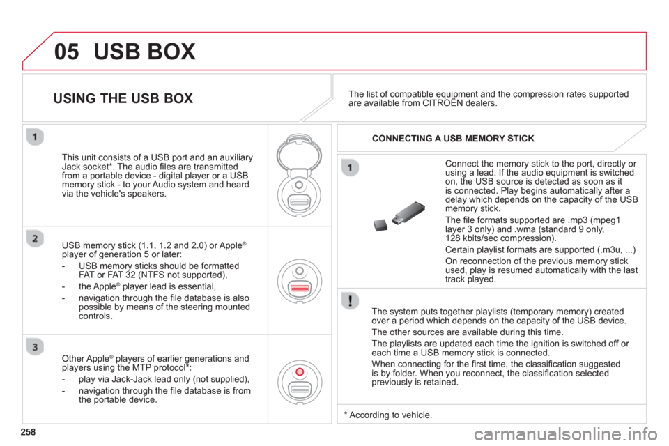 Citroen C3 2013 2.G Owners Manual 05  USB BOX
 
 
The system puts together playlists (temporary memory) createdover a period which depends on the capacity of the USB device. 
  The other sources are available durin
g this time.
  The 