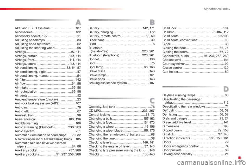 Citroen C3 2013 2.G Owners Manual .
Alphabetical index
275
ABS and EBFD systems.............................107Accessories ................................................182Accessory socket, 12V.................................91Adju