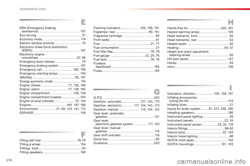 Citroen C3 2013 2.G Owners Manual Alphabetical index
276
Hands-free kit......................................220, 261Hazard warning lamps................................105Head restraints, front .................................... 62