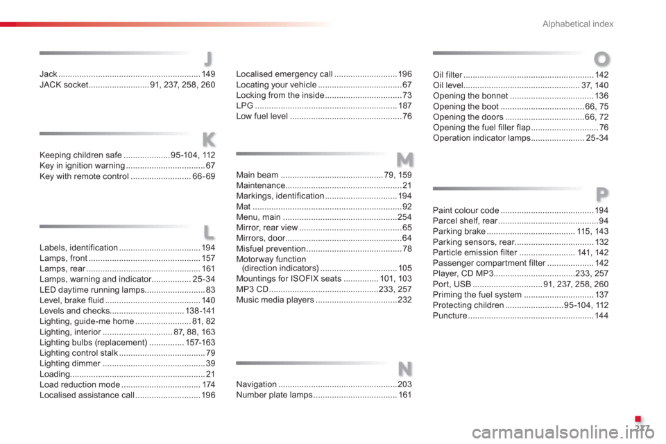 Citroen C3 2013 2.G Owners Manual .
Alphabetical index
277
J
K
Jack .............................................................149JACK socket..........................91, 237, 258,260
L
Keeping children safe....................95-10