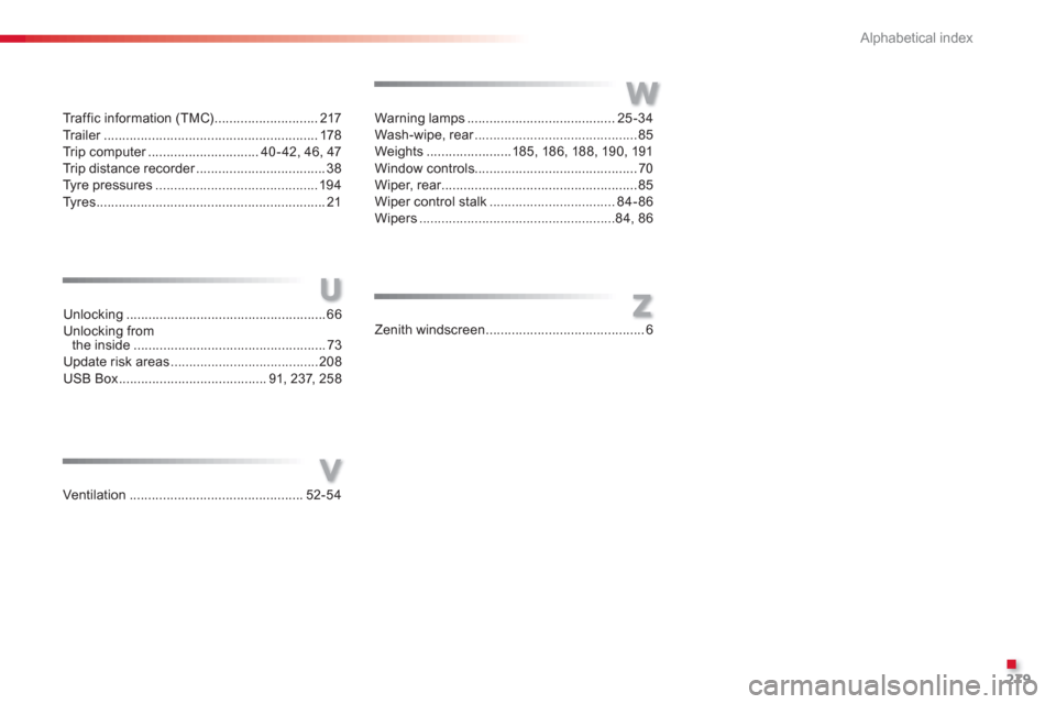 Citroen C3 2013 2.G Owners Manual .
Alphabetical index
279
U
V
W
Tr affic information (TMC) ............................ 217Tr a i l e r..........................................................r178Tr i p  c o m p u t e r.............