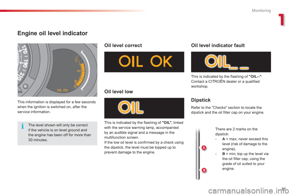 Citroen C3 2013 2.G Owners Guide 1
Monitoring
37
Engine oil level indicator 
   
This information is displayed for a few seconds
when the ignition is switched on, after theservice information.
Oil level correct
This is indicated by t