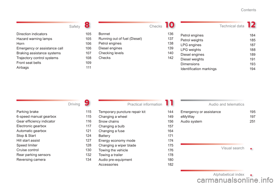 Citroen C3 2013 2.G Owners Manual .
.
Contents
Direction indicators  105
Hazard warning lamps  105
Horn 106
Emergency or assistance call 106
Braking assistance systems 107
Tr ajectory control systems 108
Front seat belts 109
Airbags 1