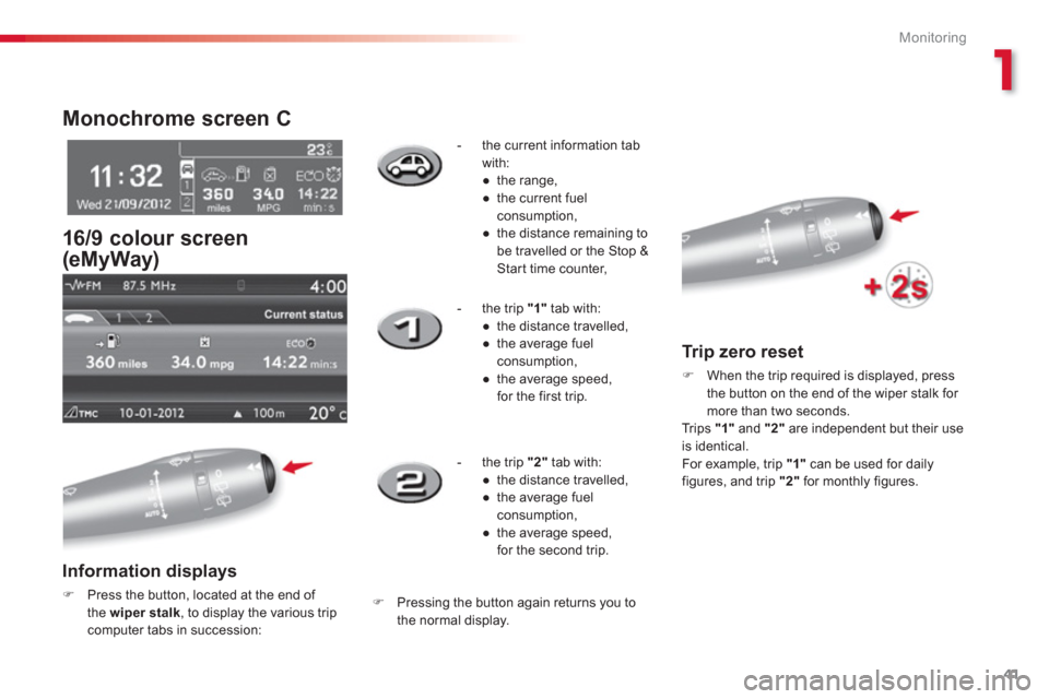 Citroen C3 2013 2.G Owners Manual 1
Monitoring
41
   
 
 
 
 
Monochrome screen C 
  16/9 colour screen 
(eMyWay) 
 
 
Information displays 
�)Press the button, located at the end of 
the wiper stalk 
, to display the various tripcomp