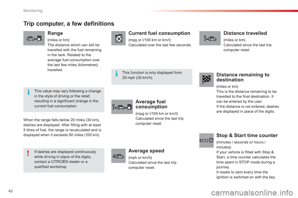 Citroen C3 2013 2.G Service Manual Monitoring
42
Tr ip computer, a few definitions 
Range
(miles or km)The distance which can still be 
travelled with the fuel remainingin the tank. Related to theaverage fuel consumption over 
the last