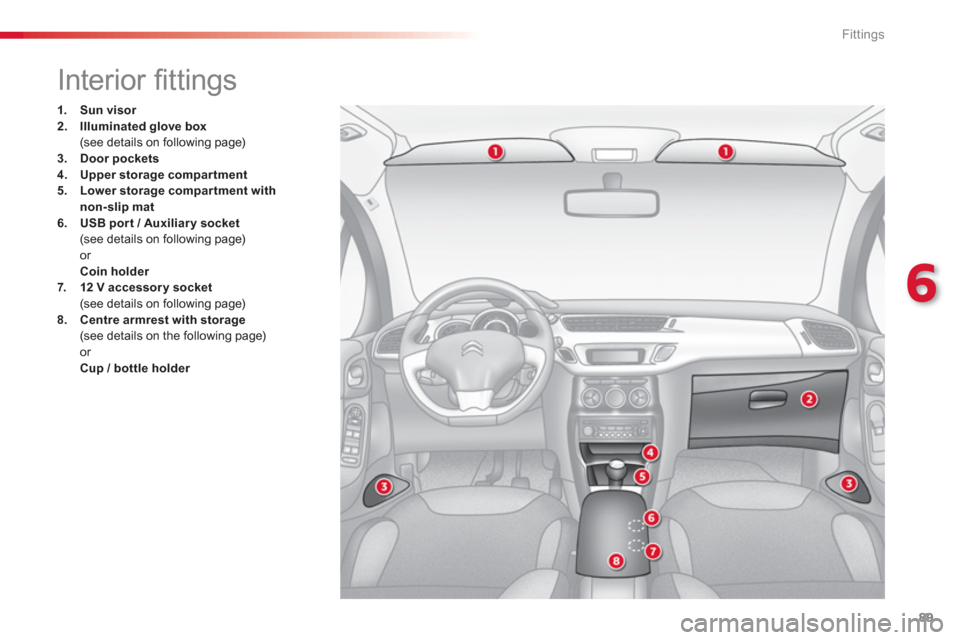 Citroen C3 2013 2.G Owners Manual 6
Fittings
89
   
 
 
 
 
 
 
 
 
 
 
 
 
 
Interior ﬁ ttings 
1.Sun visor2.Illuminatedglove box (see details on following page)3.Door pockets4.Upper storage compar tment5.Lower storage compar tment