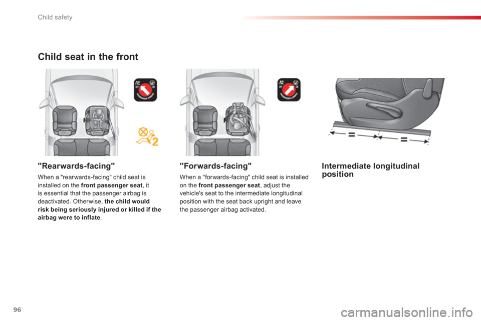 Citroen C3 2013 2.G Owners Manual Child safety
96
   
"Forwards-facing" 
 
When a "forwards-facing" child seat is installed on the  front passenger seat, adjust the 
vehicles seat to the intermediate longitudinal 
position with the s