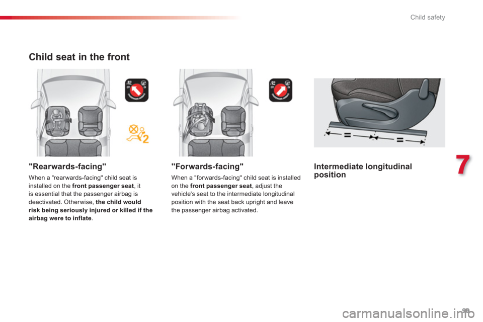 Citroen C3 RHD 2013 2.G Owners Manual 7
Child safety
99
"Forwards-facing"
When a "forwards-facing" child seat is installedon the front passenger seat, adjust the
vehicles seat to the intermediate longitudinalposition with the seat back Citroen C3 RHD 2013 2.G Owners Manual 7
Child safety
99
"Forwards-facing"
When a "forwards-facing" child seat is installedon the front passenger seat, adjust the
vehicles seat to the intermediate longitudinalposition with the seat back